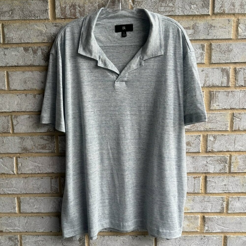 Banana Republic Short Sleeve Split V-Neck Collared Linen Striped T-Shirt Size L